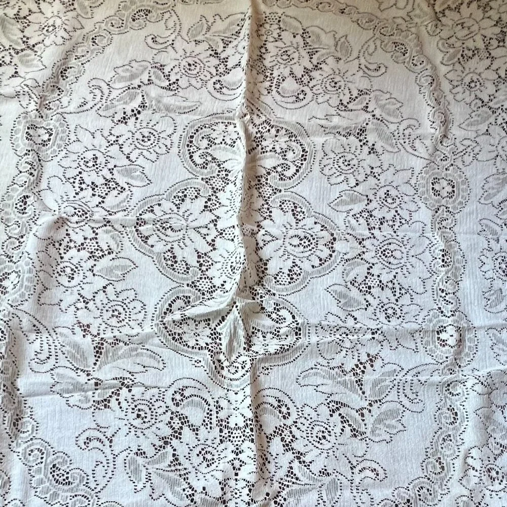Vintage White Eyelet Lace Round Tablecloth with One Flat Edge, 70.5